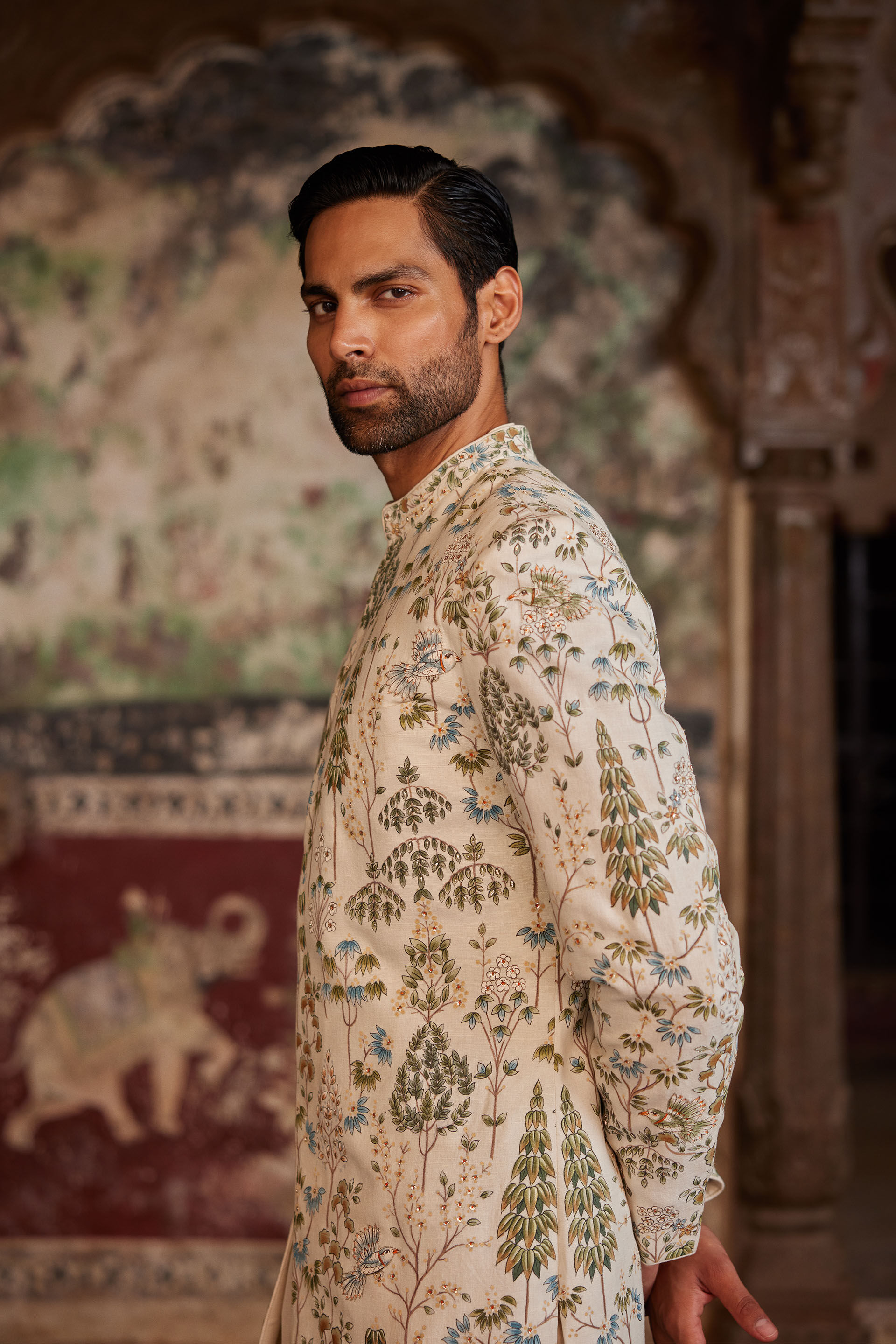 Shahoor Hand-painted Pichhwai Sherwani - Off White, Off White, image 7